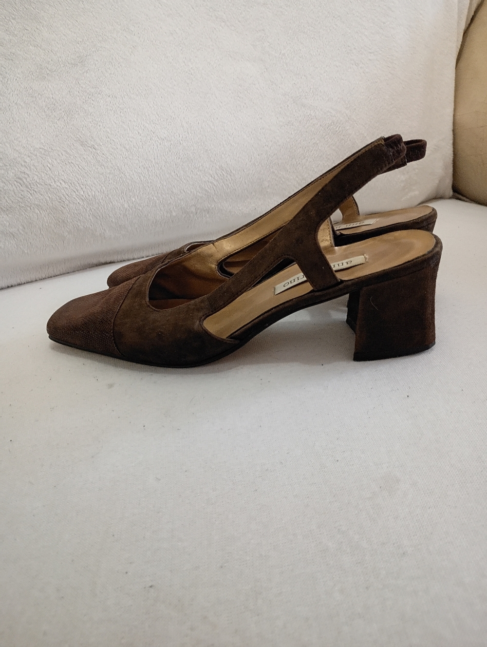 Ann Marino Brown Suede Slingback Block Heel Pumps